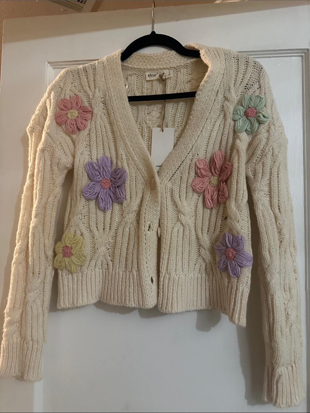 Cream Floral Appliqué Cable Knit Cardigan